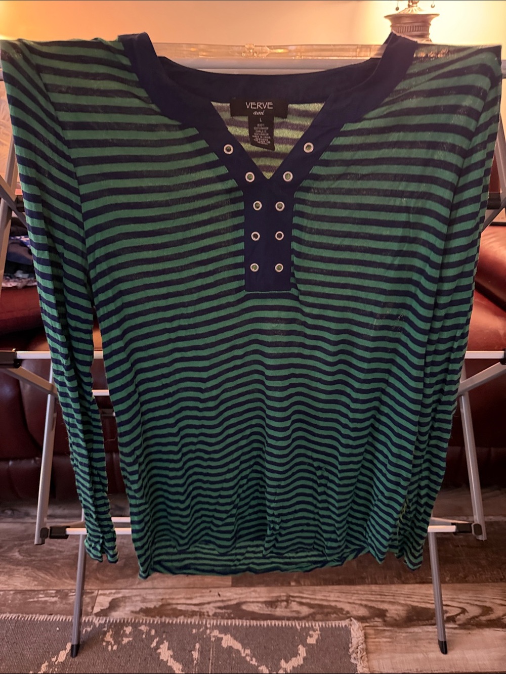 Verve Ami Green and Navy Striped Long-Sleeve Henley